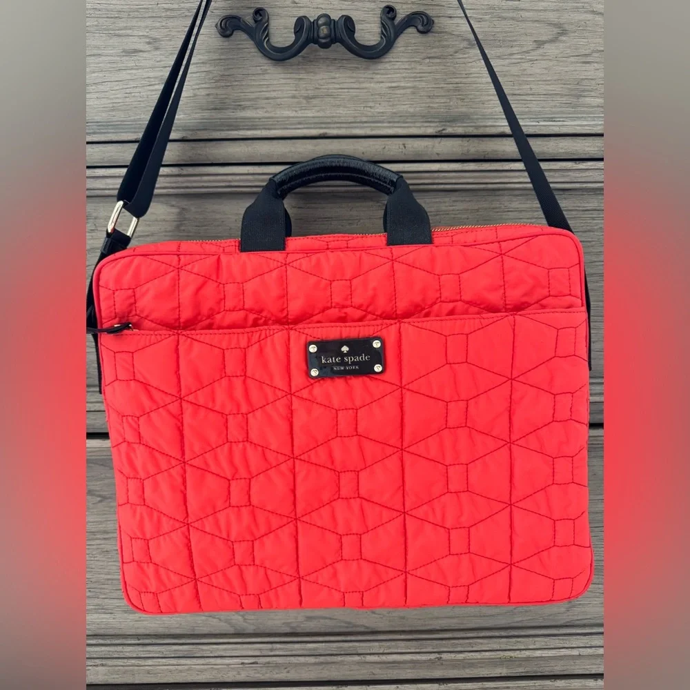 Kate Spade Quilted Bag EUC Signature Spade Quilted Chad Laptop Bag Red Orange
